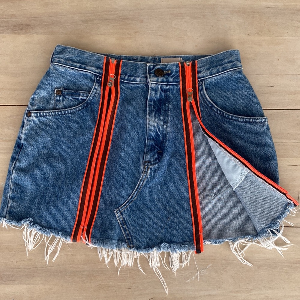 Vintage Lee Denim Skirt Cutoff Reworked Double Front Orange Zippers - Picture 4 of 9
